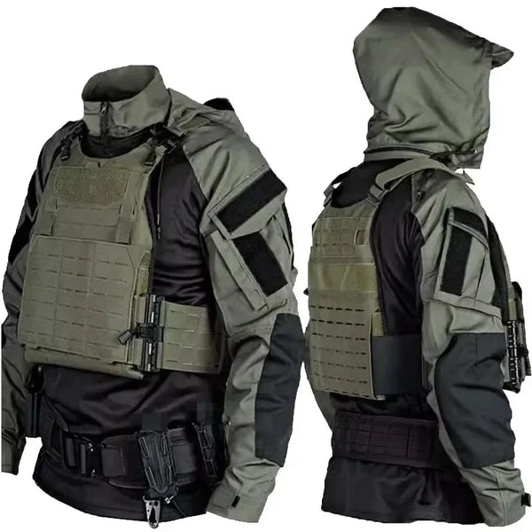 Camiseta Tática Masculina de Combate – Manga Longa, Respirável, Secagem Rápida, Estampa Camuflada com Capuz