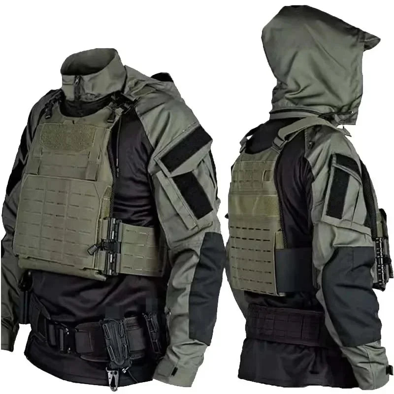 Camiseta Tática Masculina de Combate – Manga Longa, Respirável, Secagem Rápida, Estampa Camuflada com Capuz