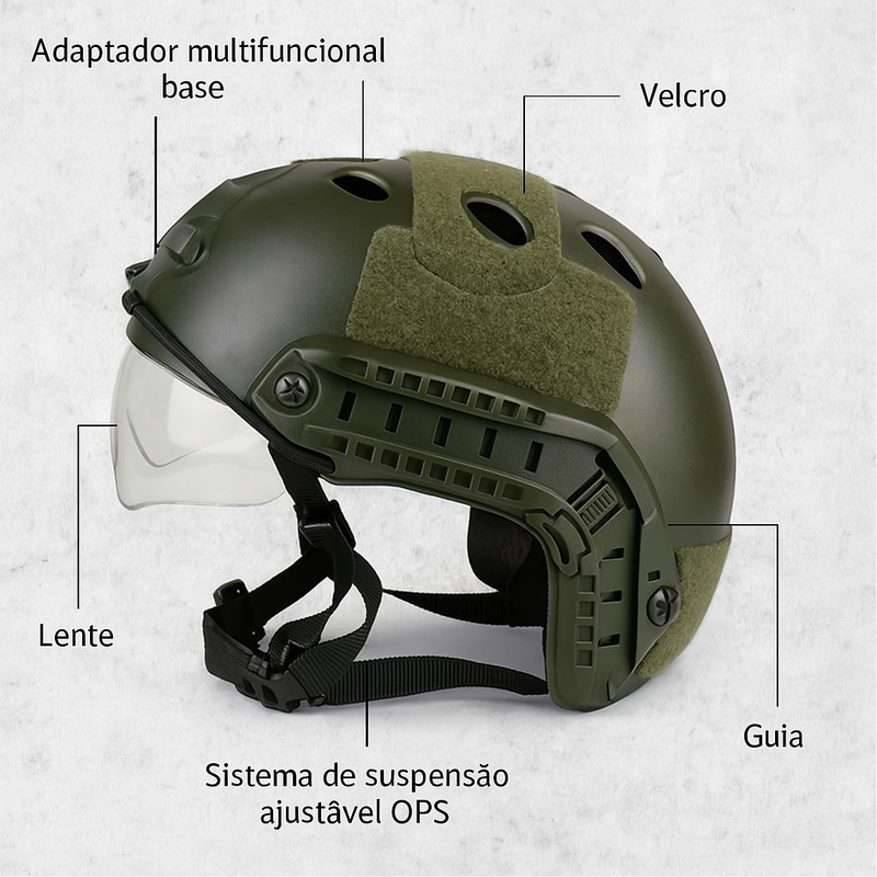 Capacete Tático Bravo GhostLine L1 – Modelo FAST com Trilhos Laterais e Suporte NVG, Ideal para Airsoft e Paintball