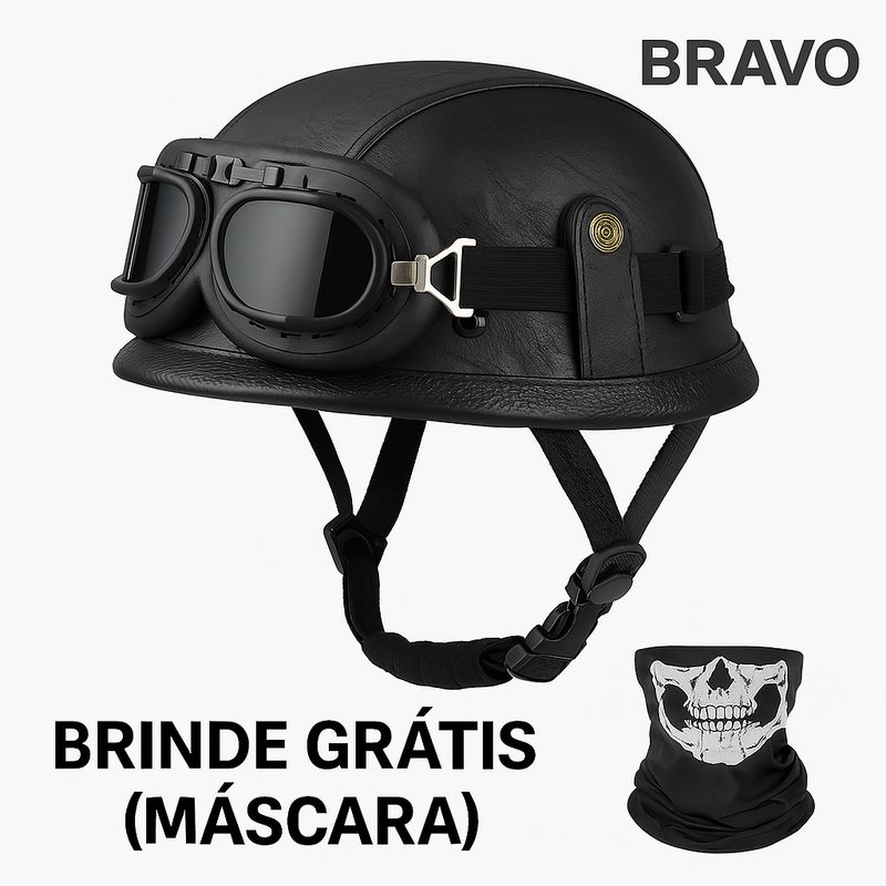 Capacete Retrô Bravo IronRider V1 com Óculos – Estilo Alemão, Meio-Casco em Couro, Aprovado DOT