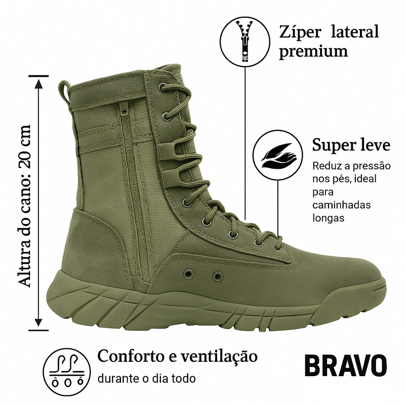 Bota Tática Bravo DesertFox S2 – Cano Médio, Couro Camurça Leve, Respirável, Antiderrapante