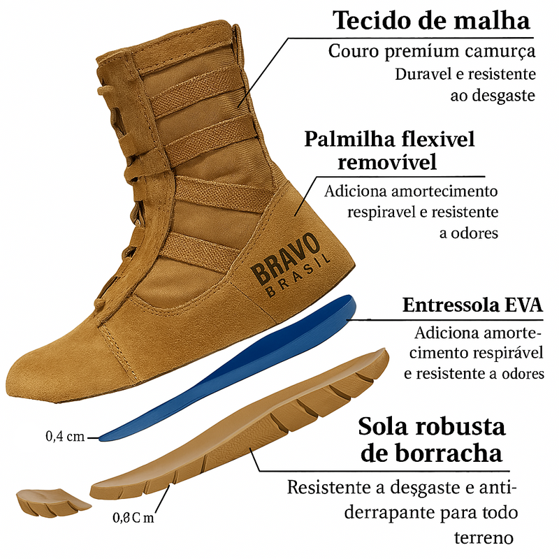 Bota Tática Bravo DesertFox S2 – Cano Médio, Couro Camurça Leve, Respirável, Antiderrapante