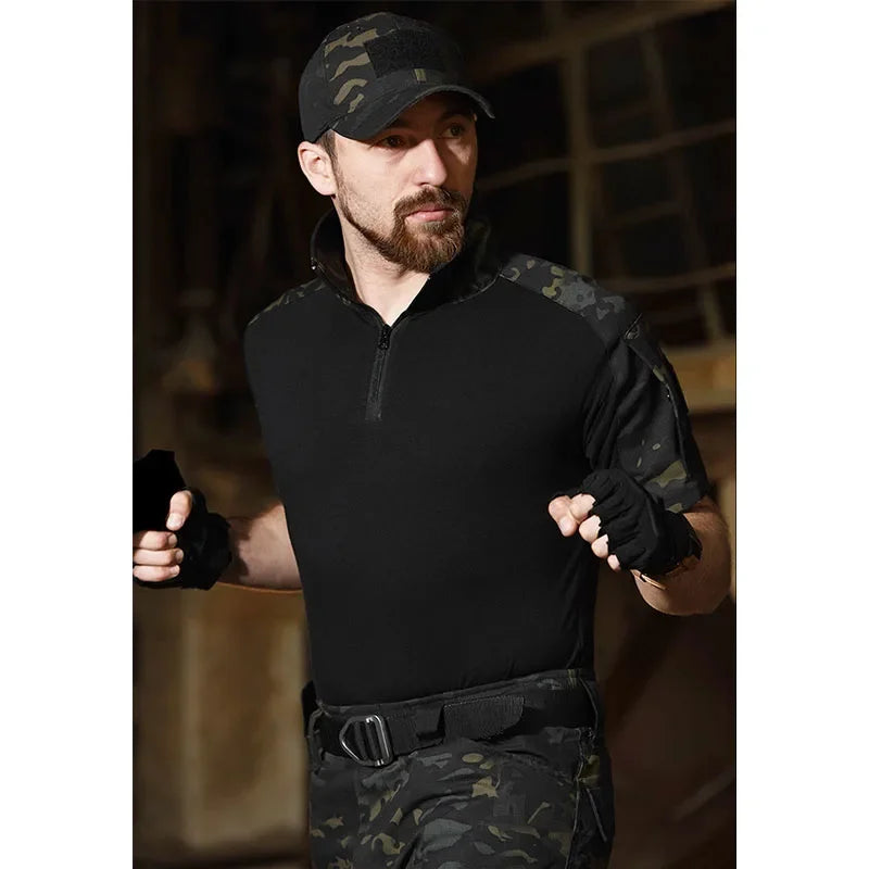 Conjunto de combate camo tático masculino, camiseta manga curta, bolso múltiplo, calças de carga impermeáveis, uniforme de caça ao ar livre, verão
