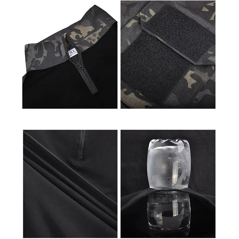 Conjunto de combate camo tático masculino, camiseta manga curta, bolso múltiplo, calças de carga impermeáveis, uniforme de caça ao ar livre, verão