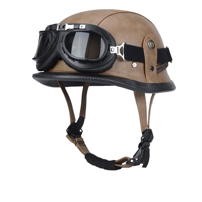 Capacete Retrô Bravo IronRider V1 com Óculos – Estilo Alemão, Meio-Casco em Couro, Aprovado DOT