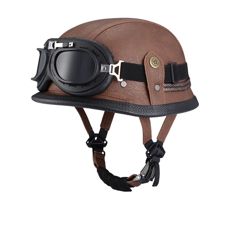 Capacete Retrô Bravo IronRider V1 com Óculos – Estilo Alemão, Meio-Casco em Couro, Aprovado DOT