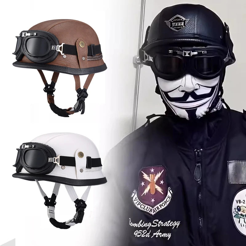 Capacete Retrô Bravo IronRider V1 com Óculos – Estilo Alemão, Meio-Casco em Couro, Aprovado DOT