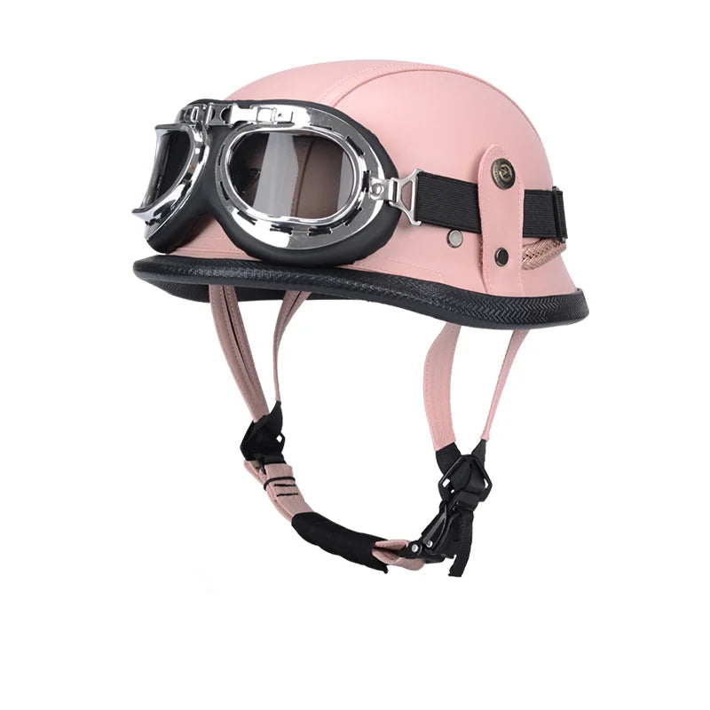Capacete Retrô Bravo IronRider V1 com Óculos – Estilo Alemão, Meio-Casco em Couro, Aprovado DOT