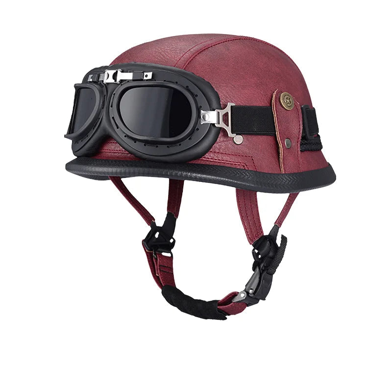 Capacete Retrô Bravo IronRider V1 com Óculos – Estilo Alemão, Meio-Casco em Couro, Aprovado DOT