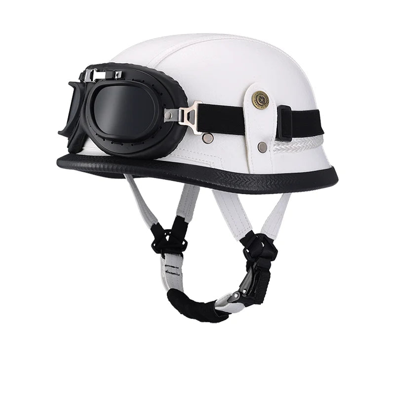 Capacete Retrô Bravo IronRider V1 com Óculos – Estilo Alemão, Meio-Casco em Couro, Aprovado DOT
