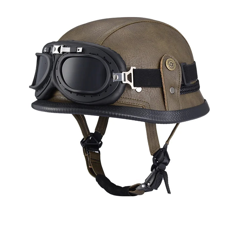 Capacete Retrô Bravo IronRider V1 com Óculos – Estilo Alemão, Meio-Casco em Couro, Aprovado DOT