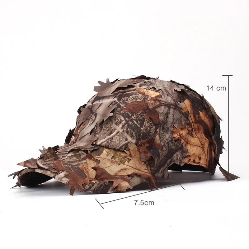 Boné Tático Camuflado 3D Folha Biónica com Proteção Solar para Caça e Sniper | Camuflagem Verde Militar Outdoor