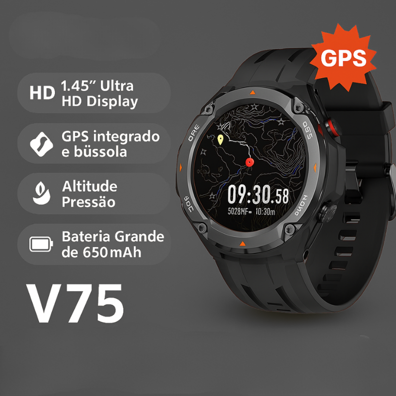 Relógio Bravo UltraNav V75 – Smartwatch com GPS, Bússola, Ligações Bluetooth e Tela HD 1.45